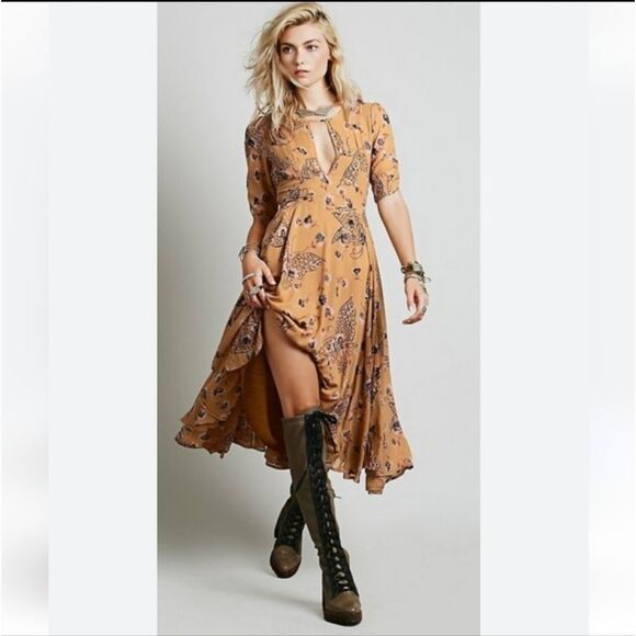 NWT Free‎ People Mustard Yellow Bonnie Butterfly Keyhole Boho Midi Dress 2 - Picture 5 of 11